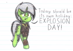 Size: 3304x2295 | Tagged: safe, artist:binary6, imported from derpibooru, oc, oc only, oc:circuit, pony, unicorn, fallout equestria, crossover, female, joke, leather armor, lined paper, portal (valve), portal 2, reference, rick the adventure sphere, solo, traditional art