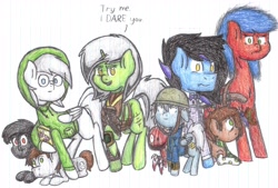 Size: 5776x3914 | Tagged: safe, artist:binary6, imported from derpibooru, oc, oc only, oc:alloy cog, oc:binary5, oc:binary6, oc:circuit, oc:digit, oc:ebony, oc:polymer cog, oc:tutoral, pegasus, pony, unicorn, fallout equestria, army helmet, bowtie, clothes, glasses, helmet, hoodie, leather armor, lined paper, overmare, pipbuck, scarf, simple background, socks, stable-tec, traditional art