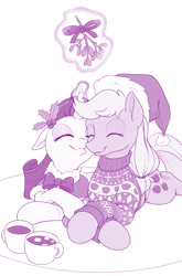 Size: 800x1212 | Tagged: safe, artist:dstears, imported from derpibooru, applejack, rarity, earth pony, pony, unicorn, bow (weapon), chocolate, christmas, christmas sweater, clothes, cute, duo, female, food, glowing horn, hat, holiday, holly, horn, hot chocolate, lesbian, magic, mare, marshmallow, mistletoe, monochrome, mug, purple, rarijack, santa hat, shipping, simple background, snuggling, sweater, telekinesis, white background