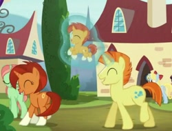 Size: 673x511 | Tagged: safe, imported from derpibooru, screencap, jumping jupiter, stellar flare, sunburst, sunspot (character), warm embrace, pony, unicorn, the cutie re-mark, colt, colt sunburst, father and son, female, husband and wife, levitation, magic, male, mare, mother and son, parent, sailor jupiter, sailor moon, sailor venus, stallion, sunspot (g4), telekinesis, younger