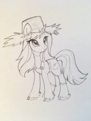 Size: 960x1280 | Tagged: safe, artist:lispp, imported from derpibooru, rarity, pony, unicorn, simple ways, clothes, cloven hooves, female, hat, mare, monochrome, rarihick, simple background, sketch, solo, tail, tail hole, traditional art, unshorn fetlocks