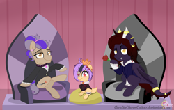 Size: 6337x3993 | Tagged: safe, artist:raspberrystudios, imported from derpibooru, oc, oc only, oc:sascha, bat pony, bat pony oc, crossed legs, cuffs (clothes), family, female, filly, flower, hoof hold, rose, sitting, throne, throne room