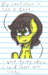 Size: 1553x2423 | Tagged: safe, artist:binary6, imported from derpibooru, oc, oc only, oc:happy wigglesworth, pony, unicorn, confidence, confident, freckles, glasses, joke, lined paper, portal (valve), portal 2, reference, solo, the cake is a lie, traditional art