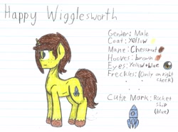 Size: 3685x2746 | Tagged: safe, artist:binary6, imported from derpibooru, oc, oc only, oc:happy wigglesworth, pony, unicorn, freckles, glasses, lined paper, reference sheet, solo, traditional art