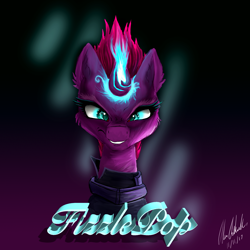 Size: 2000x2000 | Tagged: safe, artist:alecace445, imported from derpibooru, fizzlepop berrytwist, tempest shadow, pony, my little pony: the movie, armor, female, grin, looking at you, magic, menacing, smiling, solo