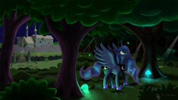 Size: 2048x1152 | Tagged: safe, artist:darkdabula, imported from derpibooru, princess luna, alicorn, firefly (insect), pony, castle of the royal pony sisters, female, forest, glowing mushroom, mushroom, night, solo, tree, wood