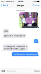 Size: 400x710 | Tagged: safe, imported from derpibooru, spike, twilight sparkle, dragon, bandage, implied injury, meme, text, texts from ponies