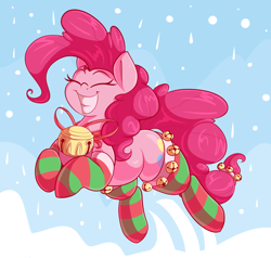 Size: 3000x2856 | Tagged: safe, artist:graphene, imported from derpibooru, pinkie pie, earth pony, pony, bell, christmas, clothes, cute, diapinkes, eyes closed, female, happy, high res, holiday, jingle bells, jumping, mare, sky, smiling, snow, socks, solo, stockings, striped socks, thigh highs, winter