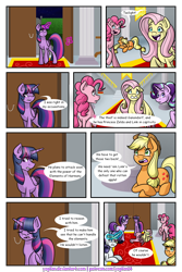 Size: 1200x1800 | Tagged: safe, artist:yogfan, imported from derpibooru, applejack, fluttershy, pinkie pie, rainbow dash, rarity, starlight glimmer, twilight sparkle, alicorn, earth pony, pegasus, pony, unicorn, comic:but i do now, comic, crossover, female, mane six, mare, offscreen character, the legend of zelda, twilight sparkle (alicorn)