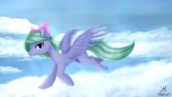 Size: 1920x1080 | Tagged: safe, artist:dashy21, imported from derpibooru, flitter, pegasus, pony, bow, cloud, flying, hair bow