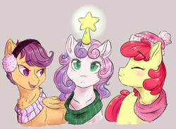 Size: 2881x2121 | Tagged: dead source, safe, artist:yomitai, imported from derpibooru, apple bloom, scootaloo, sweetie belle, earth pony, pegasus, pony, unicorn, blushing, christmas, christmas star, clothes, cute, cutie mark crusaders, earmuffs, female, filly, high res, holiday, scarf, trio
