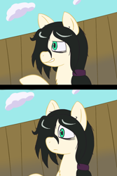 Size: 576x864 | Tagged: safe, artist:scraggleman, imported from derpibooru, oc, oc only, oc:floor bored, earth pony, pony, bags under eyes, chest fluff, cloud, female, fence, hair over one eye, mare, reaction image, smiling, smirk, solo