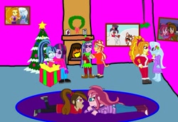 Size: 1077x741 | Tagged: safe, artist:ktd1993, imported from derpibooru, adagio dazzle, aria blaze, sci-twi, sonata dusk, sunset shimmer, trixie, twilight sparkle, oc, oc:contralto, oc:cupcake slash, equestria girls, christmas, clothes, disguised siren, female, frosty the snowman, holiday, lesbian, nightgown, rudolph the red nosed reindeer, shipping, sunblaze, triagio, twinata