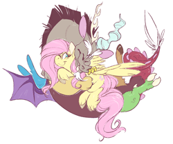 Size: 1032x861 | Tagged: safe, artist:idefix, imported from derpibooru, discord, fluttershy, draconequus, pegasus, pony, cuddling, discoshy, female, happy, hug, male, shipping, spread wings, straight, unshorn fetlocks, wings