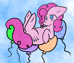 Size: 824x707 | Tagged: safe, artist:zutcha, imported from derpibooru, pinkie pie, earth pony, pony, balloon, balloon riding, balloon sitting, chest fluff, female, floating, floppy ears, mare, no pupils, on back, sky, smiling, solo, then watch her balloons lift her up to the sky