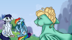 Size: 1366x768 | Tagged: safe, artist:nekoolevi, imported from derpibooru, rainbow dash, soarin', zephyr breeze, pony, female, food, jealous, male, pie, puffy cheeks, shipping, soarindash, straight