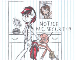 Size: 4130x3281 | Tagged: safe, artist:binary6, imported from derpibooru, oc, oc only, oc:binary6, oc:blackjack, unicorn, fallout equestria, clothes, five nights at freddy's, lined paper, notice me senpai, security, senpai, shirt, traditional art