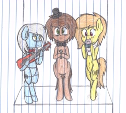 Size: 7429x6704 | Tagged: safe, artist:binary6, imported from derpibooru, oc, oc only, oc:binary2, oc:binary6, oc:binary7, pony, robot, robot pony, absurd resolution, bass guitar, belly button, bonnie, bonnie (fnaf), bowtie, chica, crossover, cupcake, cute, five nights at freddy's, food, freddy fazbear, hat, lined paper, microphone, musical instrument, top hat, traditional art