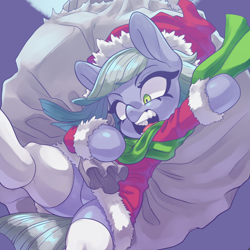 Size: 750x750 | Tagged: safe, artist:kaikoinu, imported from derpibooru, limestone pie, earth pony, pony, bag, christmas, clothes, costume, female, hat, holiday, mare, open mouth, santa costume, santa hat, solo