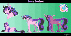 Size: 2100x1071 | Tagged: safe, artist:bijutsuyoukai, imported from derpibooru, oc, oc only, oc:love locket, alicorn, pony, alicorn oc, female, jewelry, mare, offspring, parent:king sombra, parent:princess cadance, parents:somdance, prone, reference sheet, regalia, solo, unshorn fetlocks