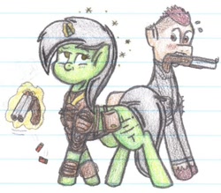 Size: 640x560 | Tagged: safe, artist:binary6, imported from derpibooru, oc, oc only, oc:circuit, unicorn, fallout equestria, female, flirting, flirty, gun, leather armor, lined paper, raider, shotgun, traditional art, weapon