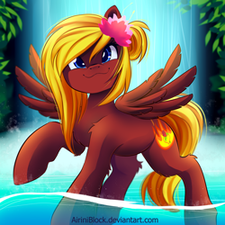 Size: 2222x2222 | Tagged: safe, artist:airiniblock, imported from derpibooru, oc, oc only, oc:rosa charm, pegasus, pony, :3, female, flower, flower in hair, mare, pegasus oc, rcf community, solo, waterfall