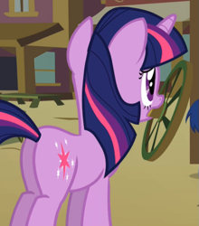 Size: 527x599 | Tagged: safe, imported from derpibooru, screencap, twilight sparkle, pony, unicorn, over a barrel, butt, cropped, female, mare, plot, solo, twibutt, unicorn twilight