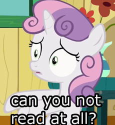 Size: 437x475 | Tagged: safe, edit, edited screencap, imported from derpibooru, screencap, sweetie belle, pony, unicorn, the fault in our cutie marks, confused, female, filly, image macro, meme, reaction image, shrunken pupils, solo