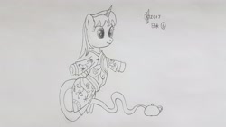 Size: 4032x2268 | Tagged: safe, artist:parclytaxel, imported from derpibooru, oc, oc only, oc:parcly taxel, alicorn, genie, genie pony, pony, ain't never had friends like us, albumin flask, parcly taxel in japan, alicorn oc, clothes, female, horn ring, japan, kimono (clothing), kyoto, lineart, looking down, mare, monochrome, pencil drawing, smiling, solo, story included, teapot, traditional art, vaguely asian robe