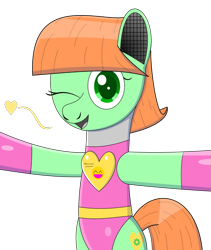 Size: 1263x1500 | Tagged: safe, artist:trackheadtherobopony, imported from derpibooru, oc, oc only, oc:goldheart, pony, robot, robot pony, clothes, cute, heart, hug, leotard, looking at you, one eye closed, simple background, solo, transparent background, wink