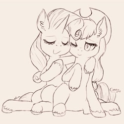 Size: 4000x4000 | Tagged: safe, artist:cigitia, imported from derpibooru, applejack, rarity, cuddling, eyes closed, female, lesbian, monochrome, one eye closed, rarijack, shipping