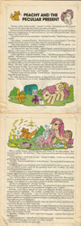Size: 720x2000 | Tagged: safe, imported from derpibooru, baby lickety split, peachy, twinkles, cat, comic:my little pony (g1), bow, conditioner, epic fail, fail, g1, grooming parlour, hair styling, magican muddle, official, parcel, peachy and the peculiar present, shampoo, story, tail bow, text