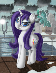 Size: 2400x3111 | Tagged: safe, artist:awalex, imported from derpibooru, rarity, magical mystery cure, female, high res, looking at you, manehattan, rain, smiling, snow, solo, statue of friendship, statue of liberty, swapped cutie marks, wet, wet mane, wet mane rarity
