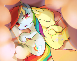 Size: 600x478 | Tagged: safe, artist:youhoujou, imported from derpibooru, fluttershy, rainbow dash, pony, cloud, cute, dashabetes, duo, duo female, eyes closed, female, looking at you, lying down, mare, on side, shyabetes, side, sleeping, sleepy, wingless