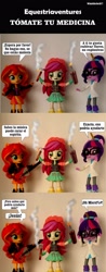 Size: 840x2152 | Tagged: safe, artist:whatthehell!?, edit, imported from derpibooru, roseluck, sci-twi, sunset shimmer, twilight sparkle, equestria girls, boots, christian sunset shimmer, clothes, coat, doll, dynamite, equestria girls minis, explosives, glasses, guitar, irl, jacket, parody, pencil, photo, religion, shoes, skirt, spanish, toy