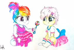 Size: 2898x1977 | Tagged: safe, artist:liaaqila, imported from derpibooru, fluttershy, rainbow dash, equestria girls, alternate hairstyle, baby, baby dash, babyshy, bow, clothes, cute, daaaaaaaaaaaw, dashabetes, dress, duo, friends, holding, looking at something, rattle, shyabetes, simple background, sitting, smiling, socks, toddler, traditional art, white background, younger