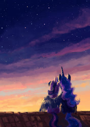 Size: 813x1150 | Tagged: safe, artist:plainoasis, imported from derpibooru, princess luna, twilight sparkle, alicorn, cloud, female, horn, hug, lesbian, rear view, roof, rooftop, scenery, shipping, sitting, sky, stars, sunset, twilight sparkle (alicorn), twiluna, winghug, wings