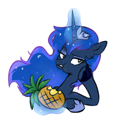 Size: 792x814 | Tagged: safe, artist:jumblehorse, deleted from derpibooru, imported from derpibooru, princess luna, 30 minute art challenge, bust, chewing, eating, food, full mouth, glowing horn, grumpy, jewelry, leaning, magic, messy mane, pineapple, regalia, simple background, solo, telekinesis, white background