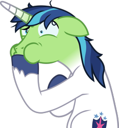 Size: 2370x2549 | Tagged: safe, artist:frownfactory, imported from derpibooru, shining armor, unicorn, once upon a zeppelin, .svg available, airsick, airsick armor, green face, horn, male, raised eyebrow, sick, simple background, solo, stallion, svg, transparent background, vector