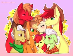 Size: 1787x1378 | Tagged: safe, artist:hosikawa, imported from derpibooru, apple bloom, applejack, big macintosh, bright mac, grand pear, granny smith, pear butter, earth pony, pony, the perfect pear, apple family, apple siblings, apple sisters, blushing, brother and sister, cowboy hat, eyes closed, family, family reunion, father and daughter, father and son, father and son-in-law, female, filly, gradient background, grandfather and grandchild, grandfather and granddaughter, grandfather and grandson, grandmother and grandchild, grandmother and granddaughter, grandmother and grandson, hat, if only, male, mare, mother and child, mother and daughter, mother and daughter-in-law, mother and son, pink background, siblings, simple background, sisters, smiling, stallion, the whole apple family