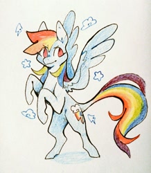 Size: 891x1024 | Tagged: safe, artist:bebbies, imported from derpibooru, rainbow dash, pegasus, pony, bipedal, cloud, colored pencil drawing, female, looking at you, mare, no pupils, rearing, simple background, smiling, solo, spread wings, traditional art, white background, wings