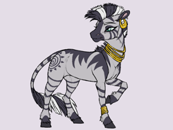 Size: 800x600 | Tagged: safe, artist:dementra369, imported from derpibooru, zecora, zebra, bracelet, ear piercing, earring, female, hoers, jewelry, looking back, mare, neck rings, piercing, raised hoof, simple background, solo, unshorn fetlocks