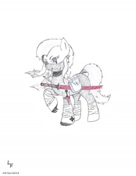 Size: 1700x2200 | Tagged: safe, artist:ligerfoxzerox, imported from derpibooru, oc, oc only, pony, female, mare, monochrome, neo noir, ninja, partial color, saddle bag, solo, sword, weapon