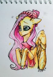 Size: 1106x1600 | Tagged: safe, artist:lantoor, imported from derpibooru, fluttershy, pegasus, pony, bust, clothes, female, floppy ears, hat, looking at something, portrait, scarf, snow, snowfall, solo, traditional art, wings, winter, winter outfit