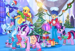 Size: 1000x689 | Tagged: safe, artist:pixelkitties, imported from derpibooru, applejack, flash sentry, rainbow dash, starlight glimmer, trixie, twilight sparkle, alicorn, pony, equestria girls, appledash, christmas, christmas tree, clothes, dress, female, flashlight, holiday, human flash sentry x pony twilight, interspecies, lesbian, male, present, rick and morty, rick sanchez, scarf, shipping, socks, startrix, straight, sweater, tree, twilight sparkle (alicorn), winter