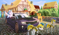 Size: 1223x721 | Tagged: safe, artist:quvr, imported from derpibooru, fluttershy, lyra heartstrings, princess celestia, princess luna, alicorn, earth pony, pegasus, pony, car, royal guard