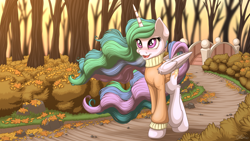 Size: 3840x2160 | Tagged: safe, artist:ohemo, imported from derpibooru, princess celestia, alicorn, pony, 4k, autumn, blushing, bridge, clothes, female, flowing mane, forest, grass, horn, leaves, mare, open mouth, road, sky, solo, sweater, tree, walking, wings