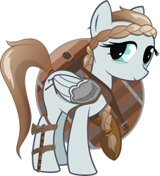 Size: 7200x7941 | Tagged: safe, artist:cinderfall, imported from derpibooru, oc, oc only, oc:northsky, pegasus, pony, 2018 community collab, derpibooru community collaboration, absurd resolution, axe, braid, female, mare, shield, simple background, transparent background, vector, weapon