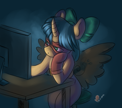 Size: 2725x2410 | Tagged: safe, artist:maxiima, imported from derpibooru, oc, oc only, oc:ducky ink, unicorn, bow, clothes, computer monitor, costume, fake wings, hoof gloves, leaning, mask, monitor, stool, wings