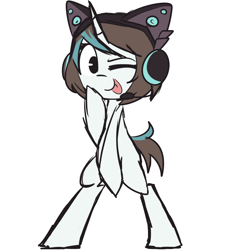 Size: 1280x1400 | Tagged: safe, artist:lilboulder, imported from derpibooru, oc, oc only, oc:pixel byte, pony, unicorn, bipedal, blank flank, cat ears, covering, female, headset, mare, one eye closed, simple background, smiling, solo, standing, tongue out, white background, wink